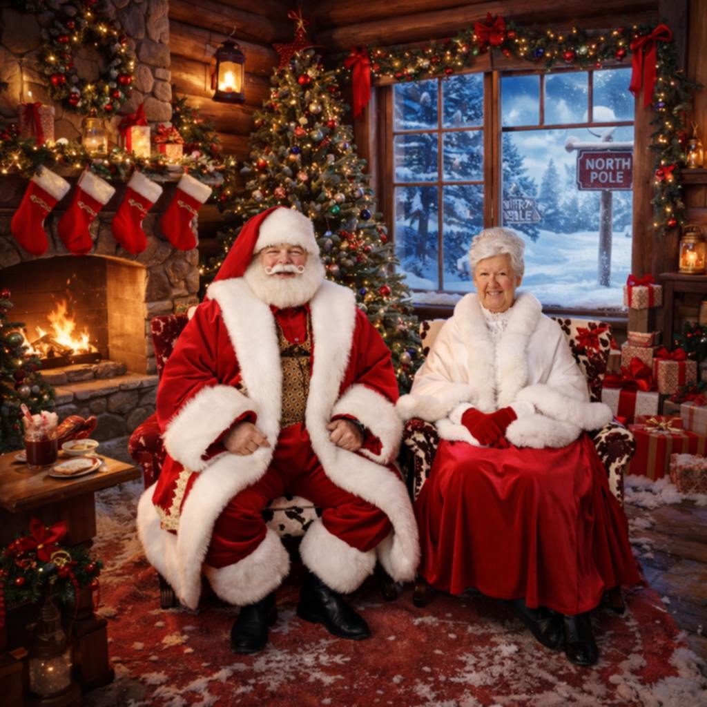 Santa and Mrs Claus at North Pole cabin